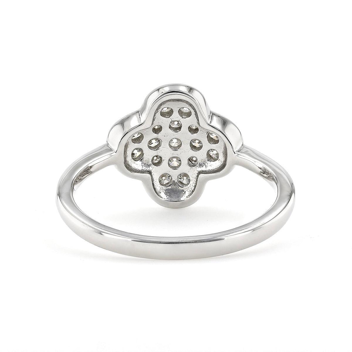 Round White Moissanite Pave Sterling Silver Four Leaf Clover Ring