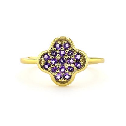 2.54 Ct Round Dark Purple Amethyst Prong Yellow Gold Plated Silver Four Leaf Clover Ring