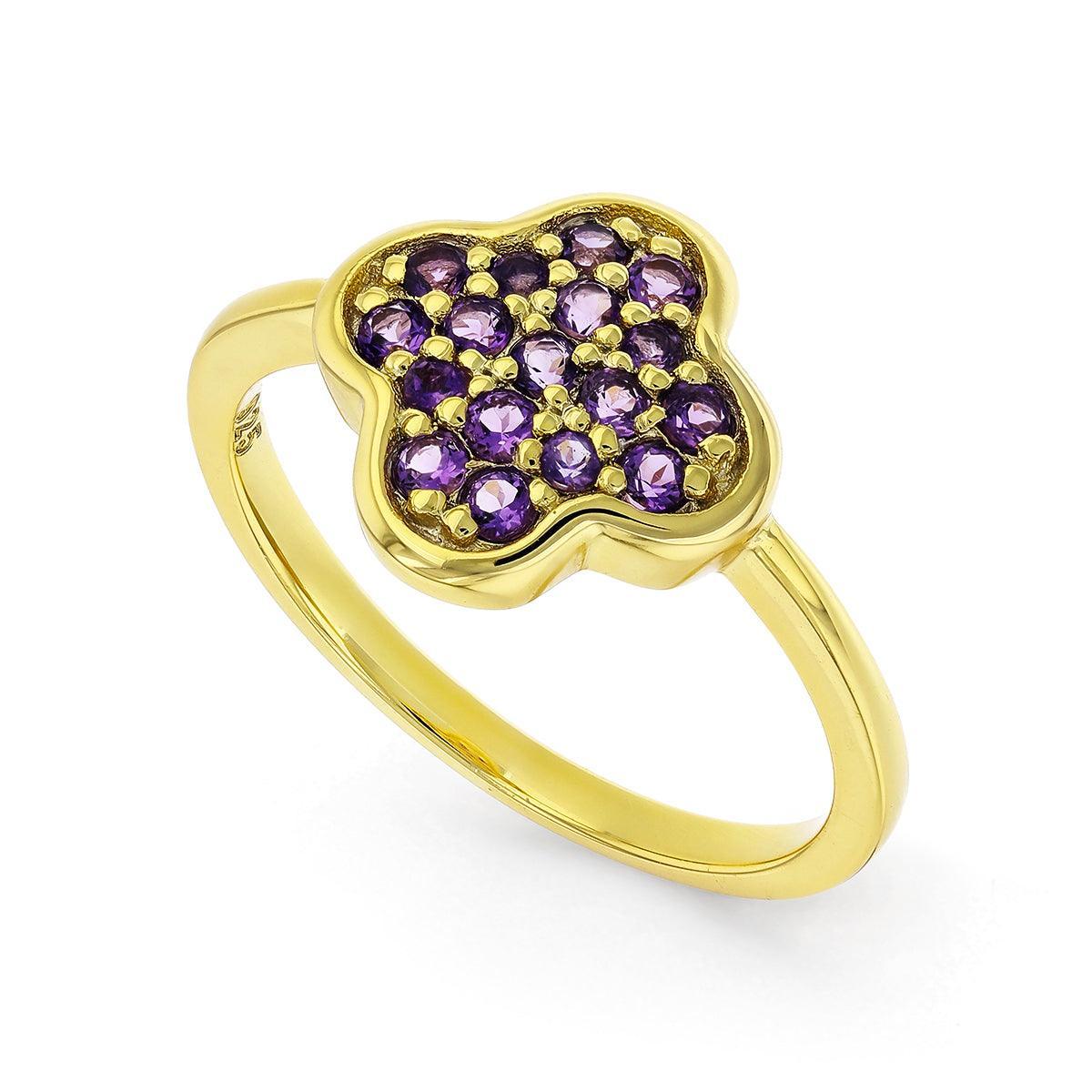 2.54 Ct Round Dark Purple Amethyst Prong Yellow Gold Plated Silver Four Leaf Clover Ring