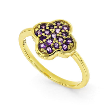 2.54 Ct Round Dark Purple Amethyst Prong Yellow Gold Plated Silver Four Leaf Clover Ring