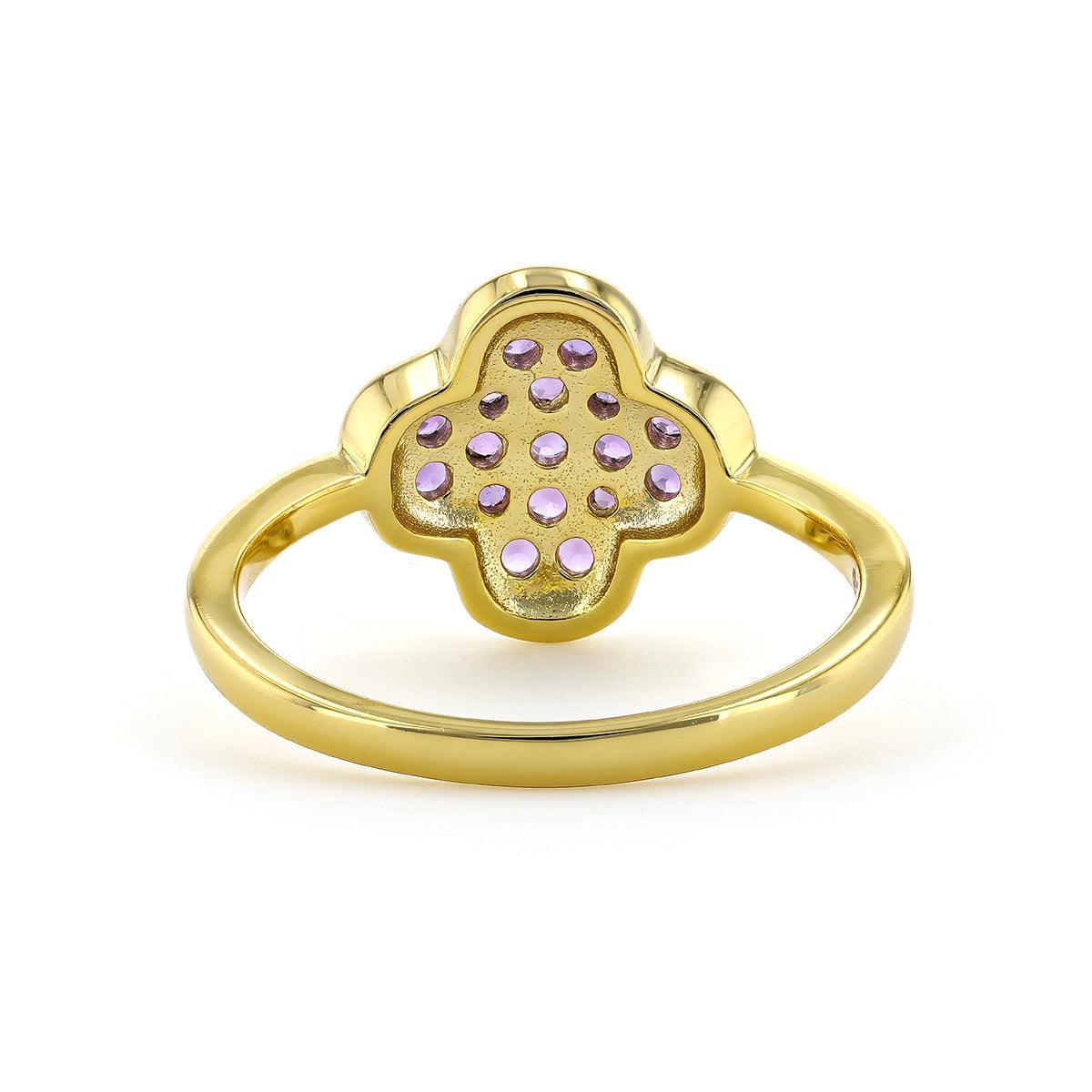 2.54 Ct Round Dark Purple Amethyst Prong Yellow Gold Plated Silver Four Leaf Clover Ring