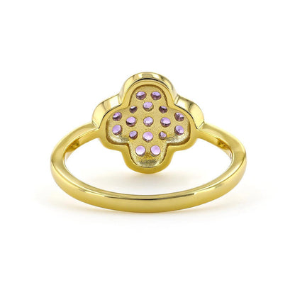 2.54 Ct Round Dark Purple Amethyst Prong Yellow Gold Plated Silver Four Leaf Clover Ring