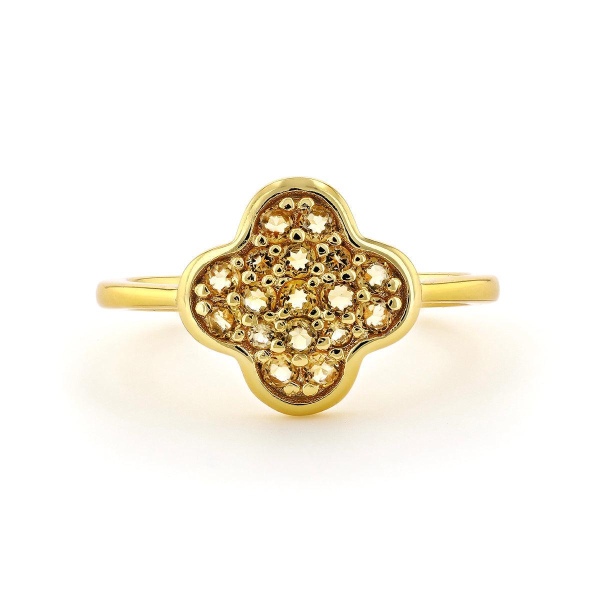 Round Yellow Citrine Pave 18K Yellow Gold Plated Silver Four Leaf Clover Ring