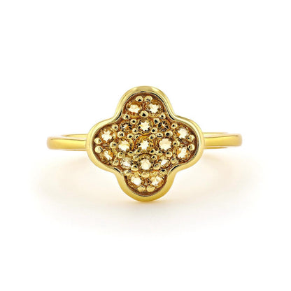 Round Yellow Citrine Pave 18K Yellow Gold Plated Silver Four Leaf Clover Ring