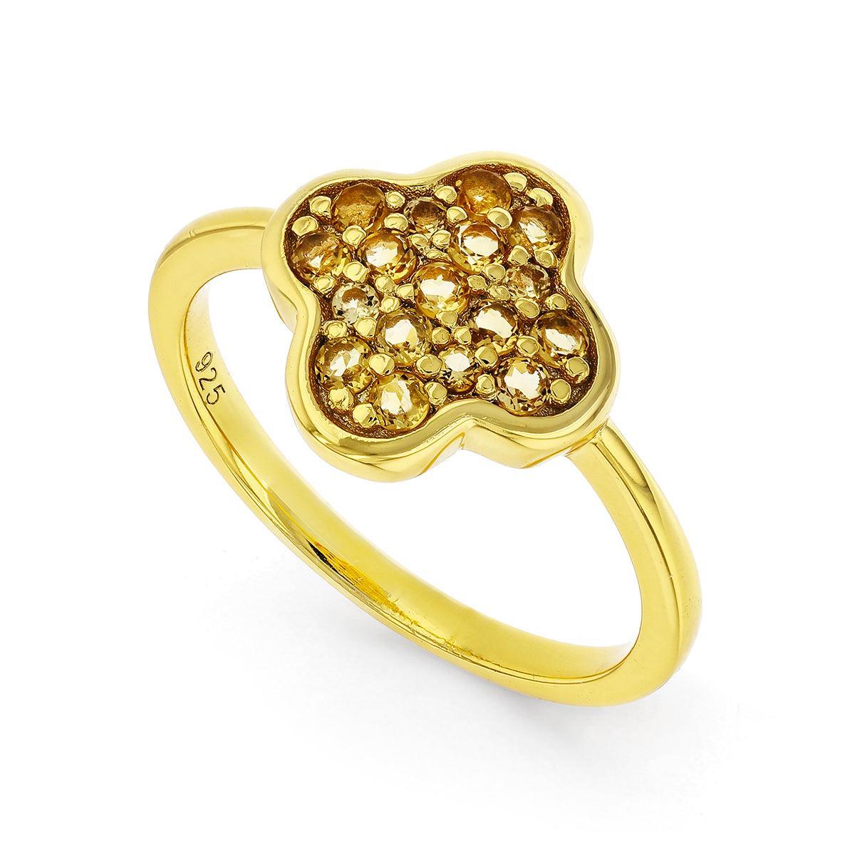 Round Yellow Citrine Pave 18K Yellow Gold Plated Silver Four Leaf Clover Ring