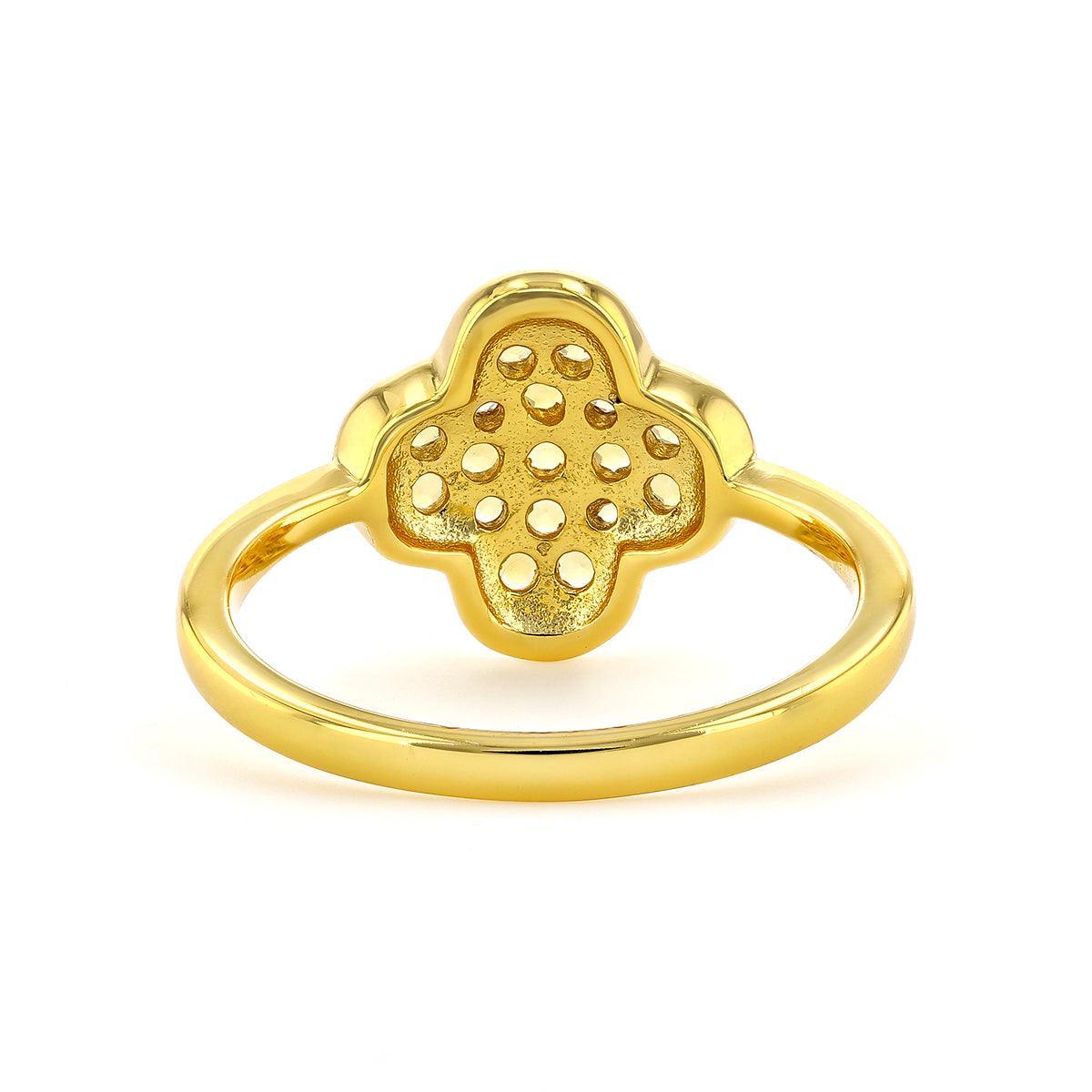 Round Yellow Citrine Pave 18K Yellow Gold Plated Silver Four Leaf Clover Ring