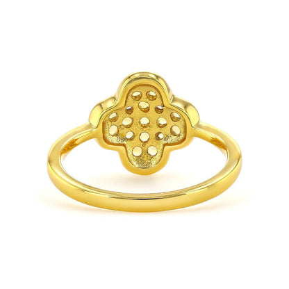 Round Yellow Citrine Pave 18K Yellow Gold Plated Silver Four Leaf Clover Ring