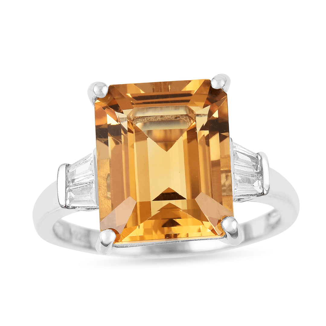 5.5 Ct Octagon Yellow Citrine and White Zircon Prong Silver Statement Solitaire Ring