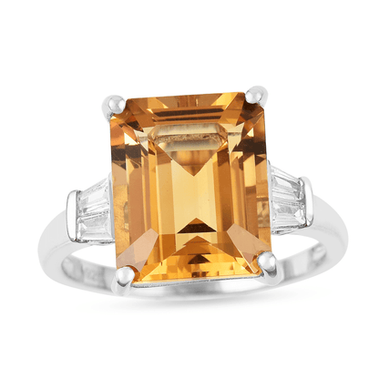 5.5 Ct Octagon Yellow Citrine and White Zircon Prong Silver Statement Solitaire Ring