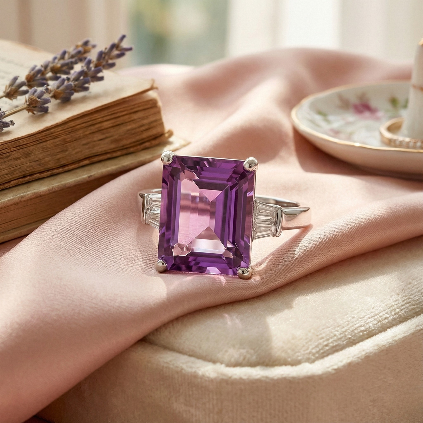 5.55 Ct Octagon Purple Amethyst and White Zircon Prong Silver Statement Ring