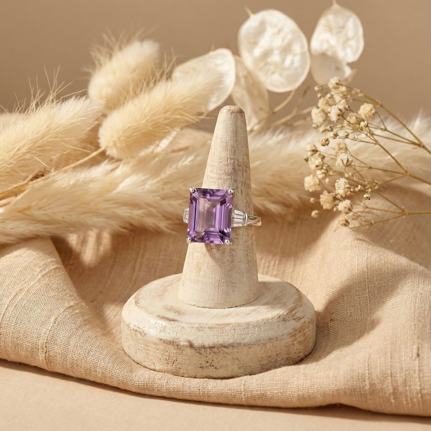 5.55 Ct Octagon Purple Amethyst and White Zircon Prong Silver Statement Ring