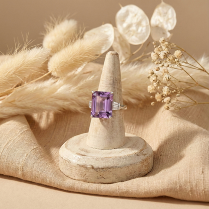 5.55 Ct Octagon Purple Amethyst and White Zircon Prong Silver Statement Ring