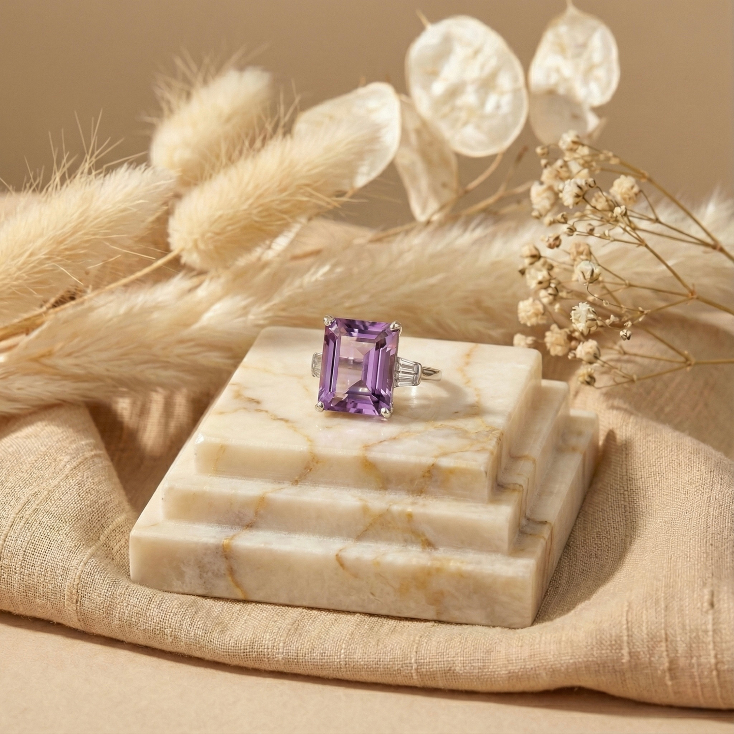 5.55 Ct Octagon Purple Amethyst and White Zircon Prong Silver Statement Ring