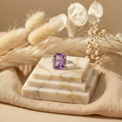 5.55 Ct Octagon Purple Amethyst and White Zircon Prong Silver Statement Ring