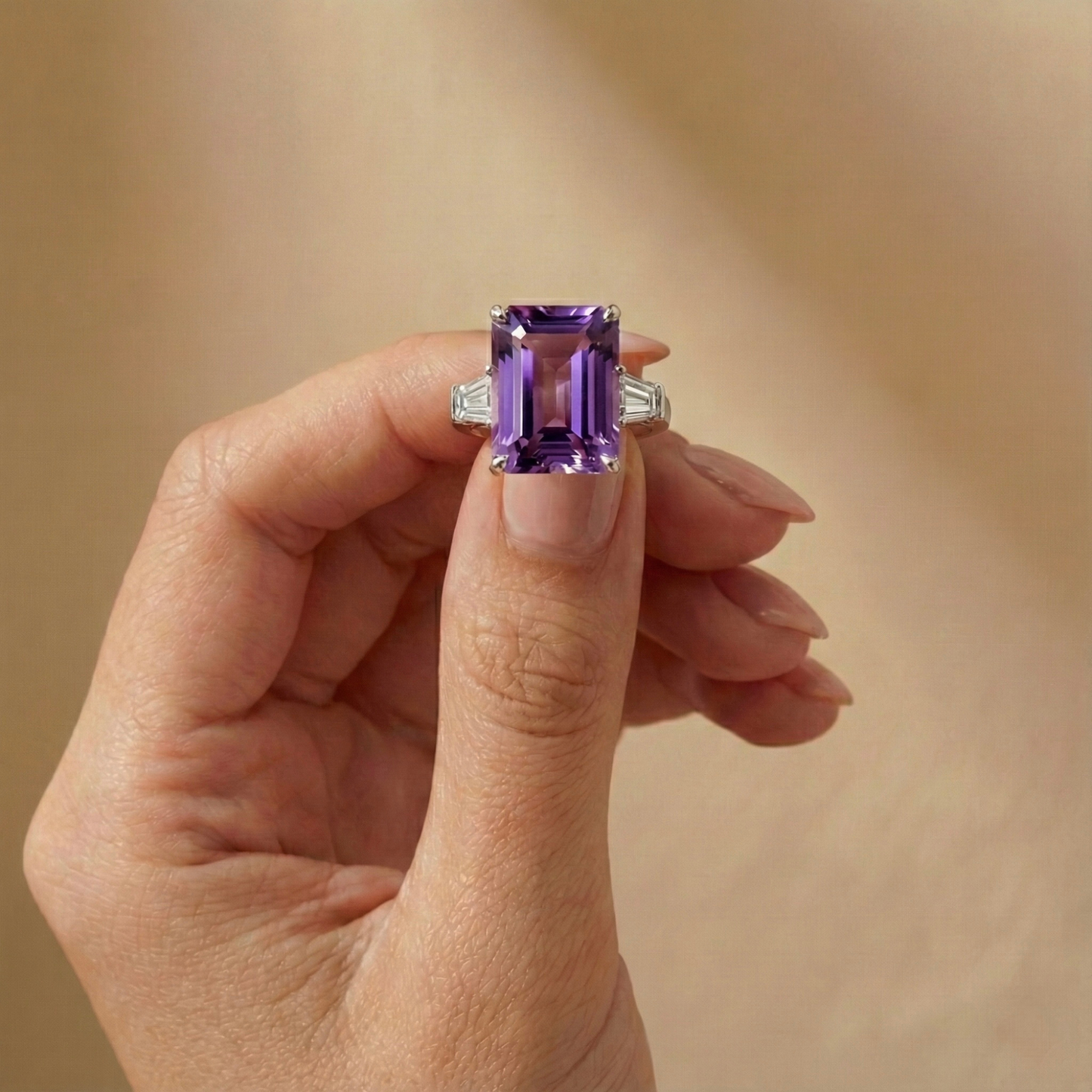 5.55 Ct Octagon Purple Amethyst and White Zircon Prong Silver Statement Ring