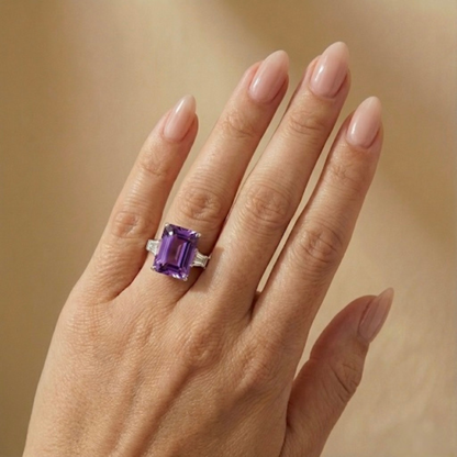 5.55 Ct Octagon Purple Amethyst and White Zircon Prong Silver Statement Ring