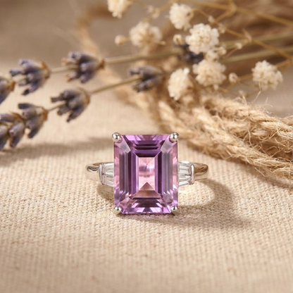 5.55 Ct Octagon Purple Amethyst and White Zircon Prong Silver Statement Ring