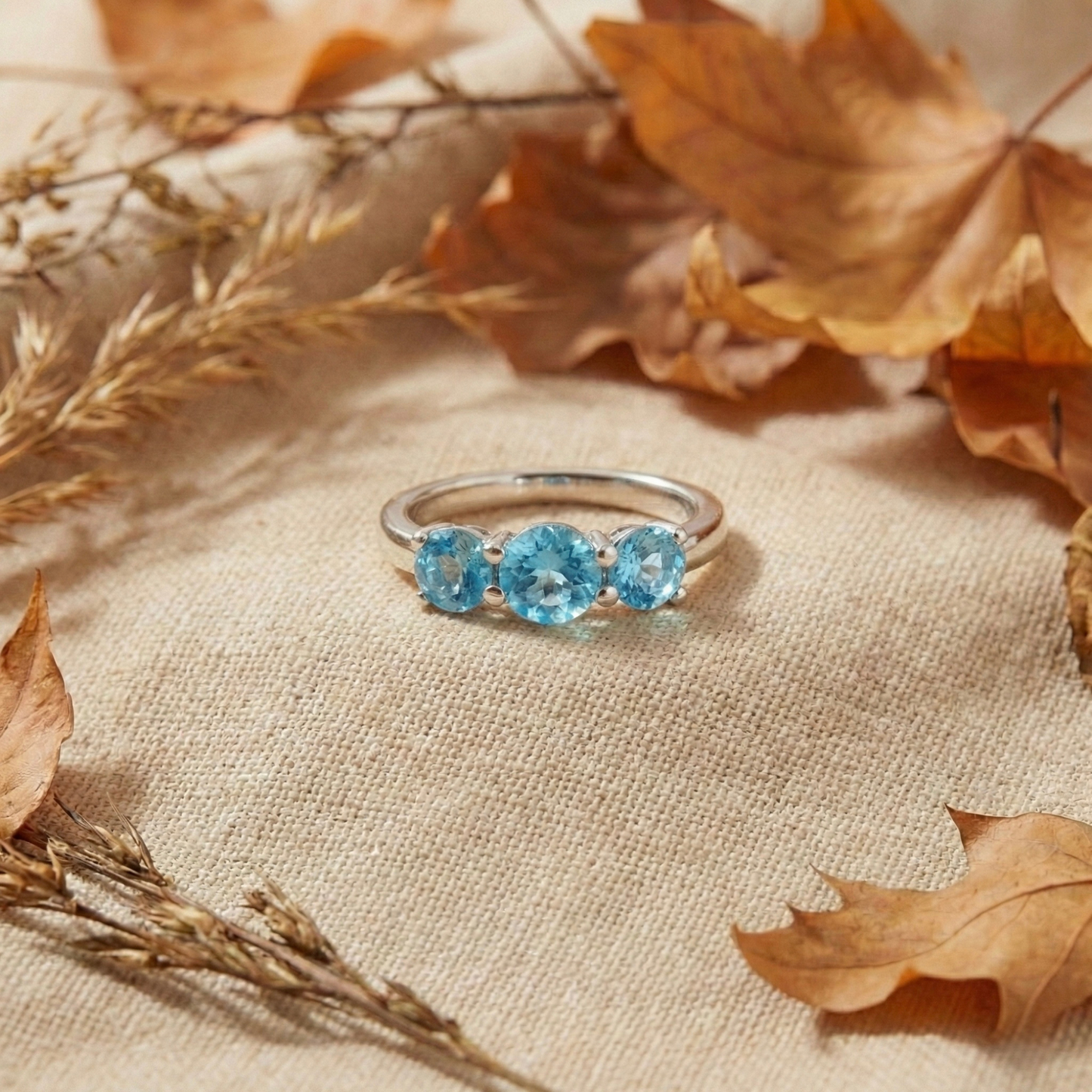 0.55 Ct Round Natural Blue Paraiba Apatite Prong Rhodium Silver Three Stone Ring