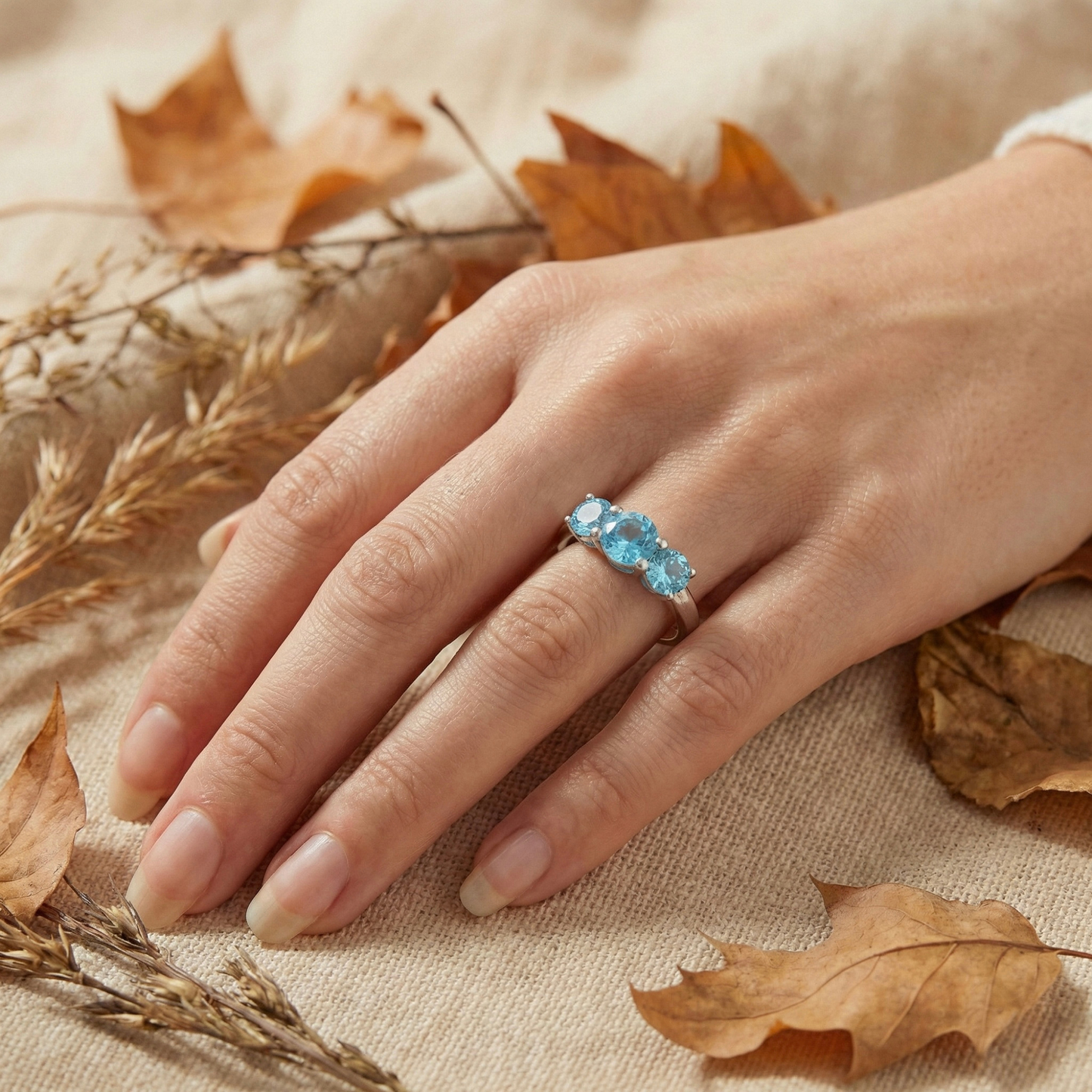 0.55 Ct Round Natural Blue Paraiba Apatite Prong Rhodium Silver Three Stone Ring