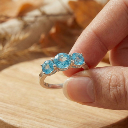 0.55 Ct Round Natural Blue Paraiba Apatite Prong Rhodium Silver Three Stone Ring