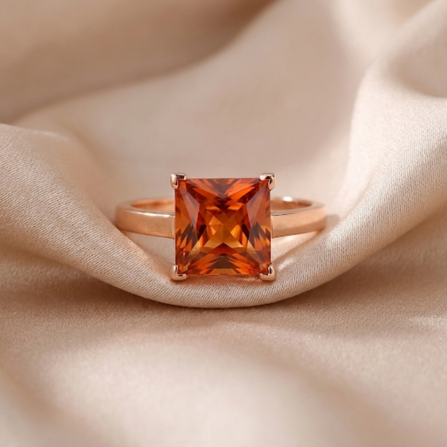 4.24 Ct Square Orange Lab Grown Padparadscha Sapphire Prong 18K Rose Gold Plated Silver Solitaire Ring