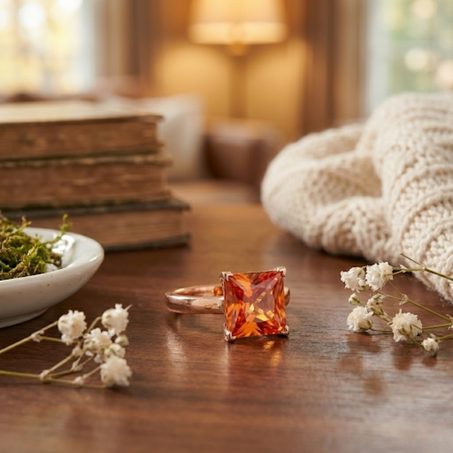 4.24 Ct Square Orange Lab Grown Padparadscha Sapphire Prong 18K Rose Gold Plated Silver Solitaire Ring