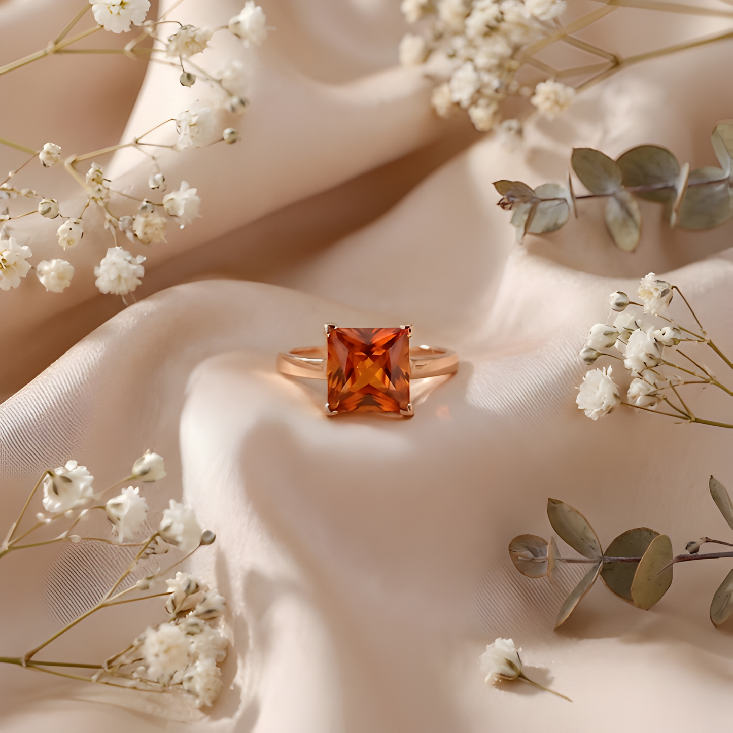 4.24 Ct Square Orange Lab Grown Padparadscha Sapphire Prong 18K Rose Gold Plated Silver Solitaire Ring