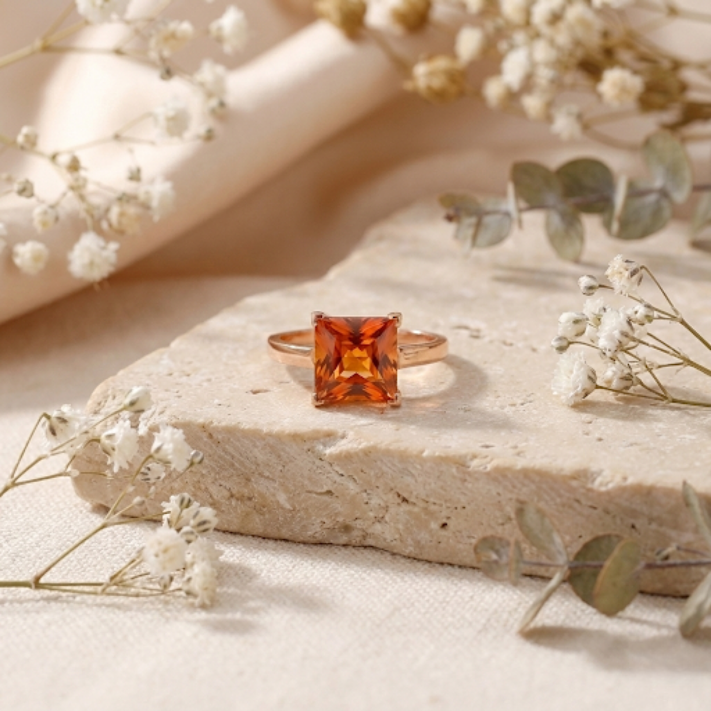 4.24 Ct Square Orange Lab Grown Padparadscha Sapphire Prong 18K Rose Gold Plated Silver Solitaire Ring