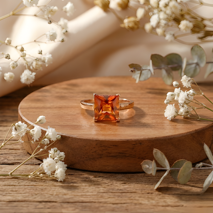 4.24 Ct Square Orange Lab Grown Padparadscha Sapphire Prong 18K Rose Gold Plated Silver Solitaire Ring