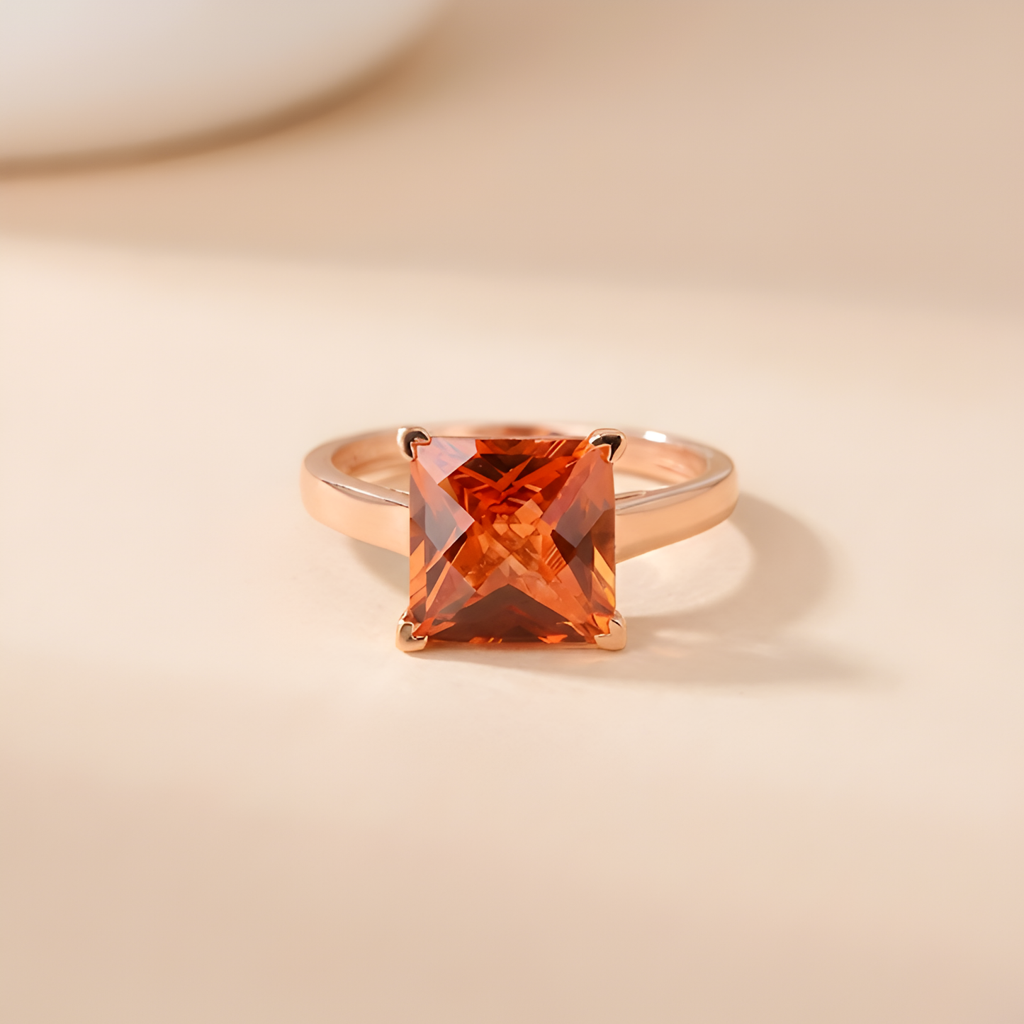 4.24 Ct Square Orange Lab Grown Padparadscha Sapphire Prong 18K Rose Gold Plated Silver Solitaire Ring