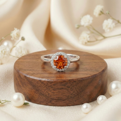 1.33 Ct Round Lab Created Peach Sapphire and Moissanite Prong Silver Halo Statement Ring