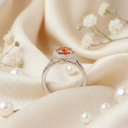 1.33 Ct Round Lab Created Peach Sapphire and Moissanite Prong Silver Halo Statement Ring