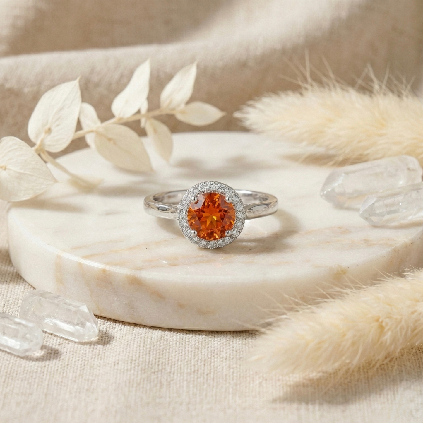 1.33 Ct Round Lab Created Peach Sapphire and Moissanite Prong Silver Halo Statement Ring