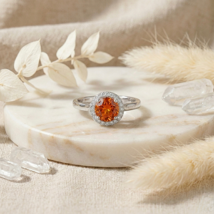 1.33 Ct Round Lab Created Peach Sapphire and Moissanite Prong Silver Halo Statement Ring