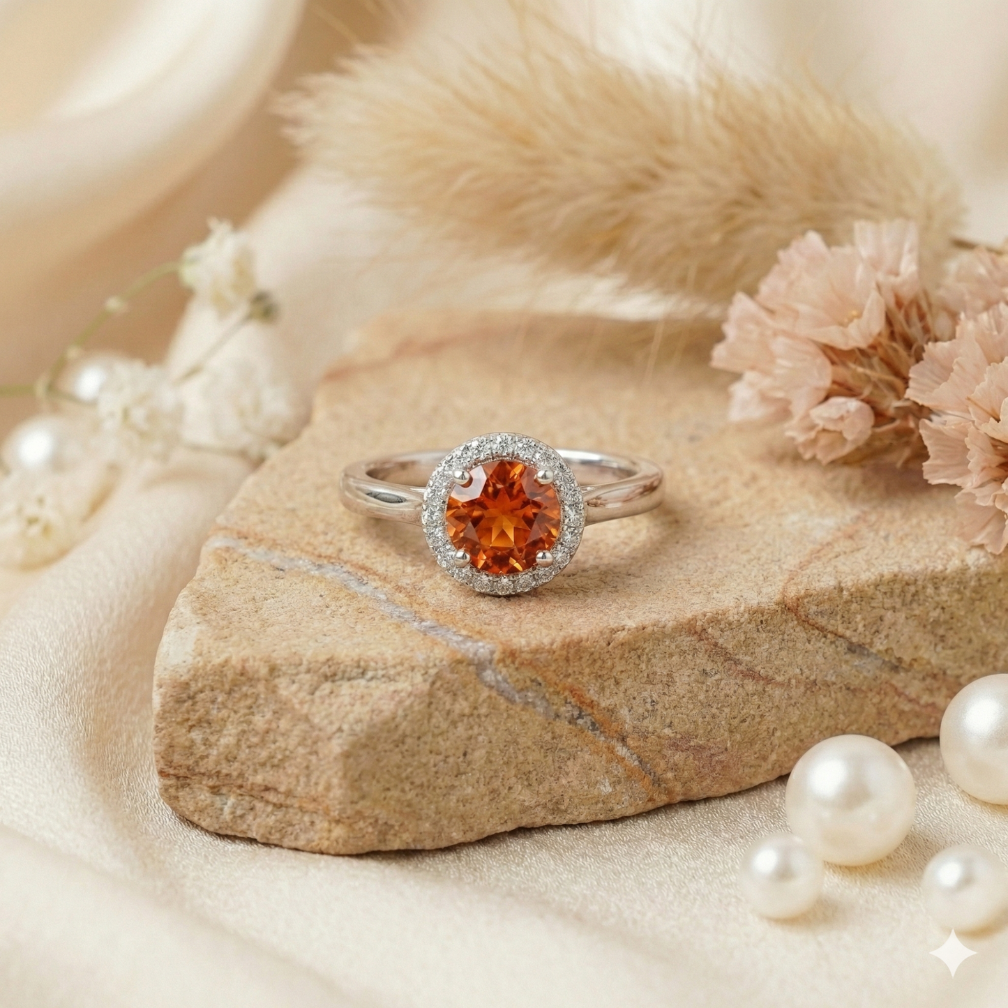 1.33 Ct Round Lab Created Peach Sapphire and Moissanite Prong Silver Halo Statement Ring