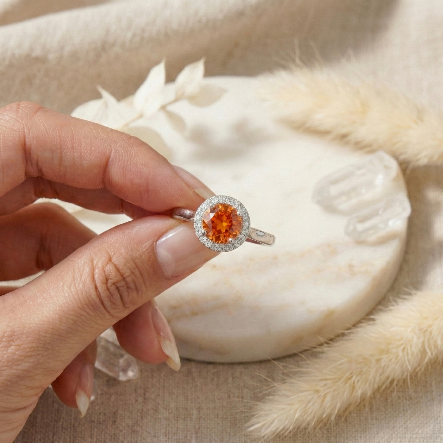 1.33 Ct Round Lab Created Peach Sapphire and Moissanite Prong Silver Halo Statement Ring