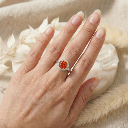 1.33 Ct Round Lab Created Peach Sapphire and Moissanite Prong Silver Halo Statement Ring