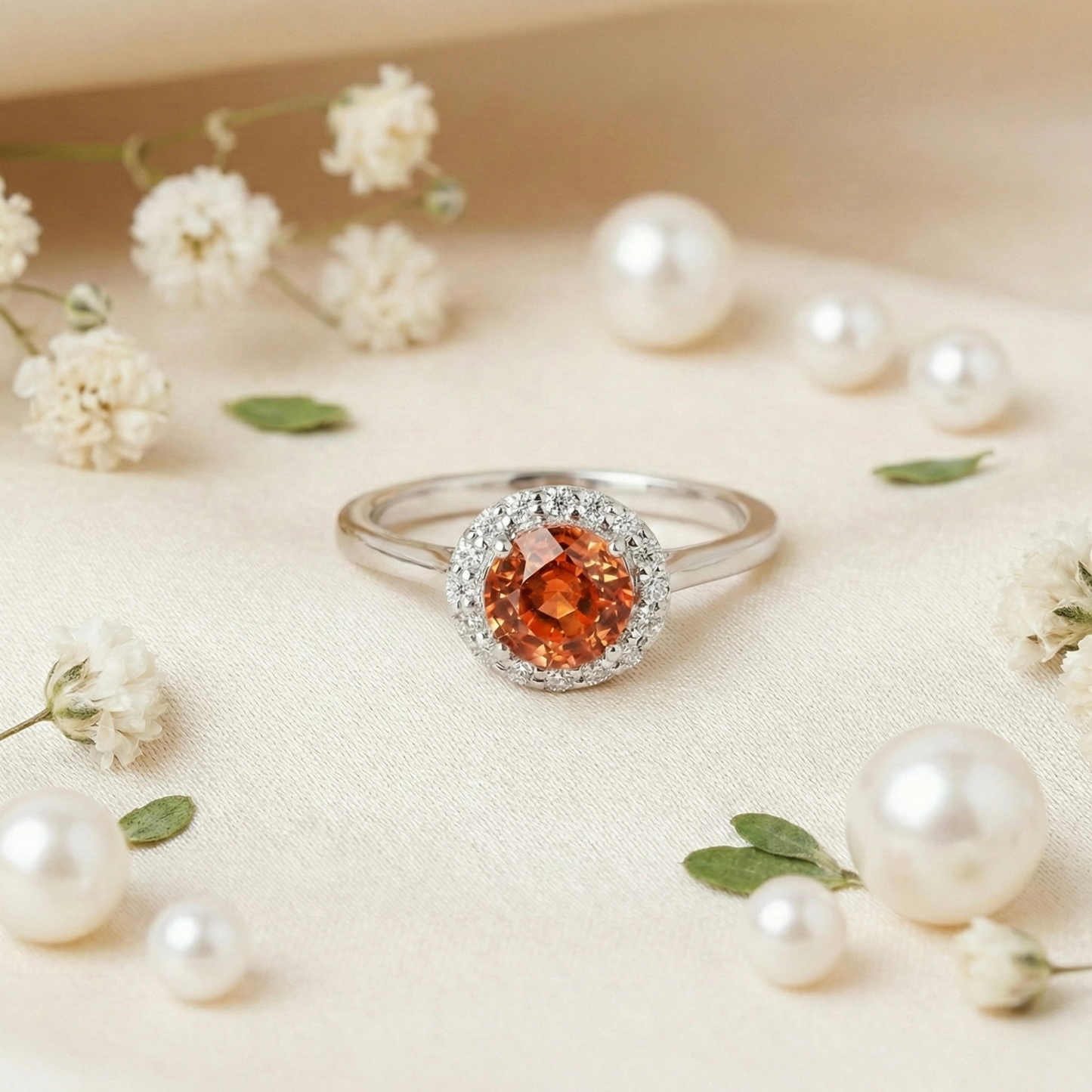 1.33 Ct Round Lab Created Peach Sapphire and Moissanite Prong Silver Halo Statement Ring