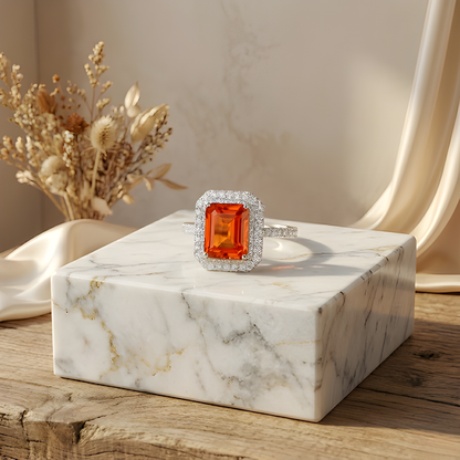 3.56 Ct Octagon Lab Created Peach Sapphire and Moissanite Prong Silver Halo Statement Ring