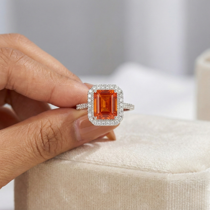 3.56 Ct Octagon Lab Created Peach Sapphire and Moissanite Prong Silver Halo Statement Ring