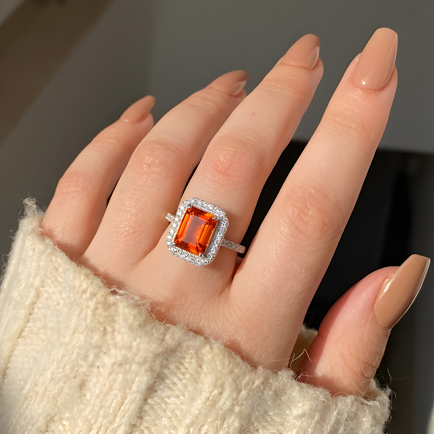 3.56 Ct Octagon Lab Created Peach Sapphire and Moissanite Prong Silver Halo Statement Ring