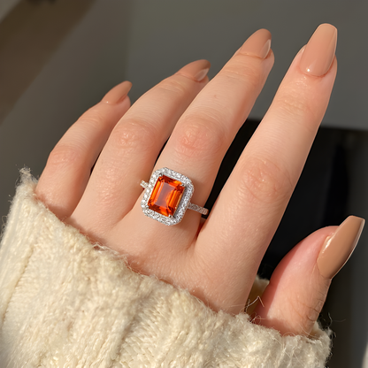 3.56 Ct Octagon Lab Created Peach Sapphire and Moissanite Prong Silver Halo Statement Ring