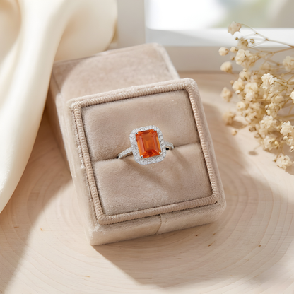 3.56 Ct Octagon Lab Created Peach Sapphire and Moissanite Prong Silver Halo Statement Ring
