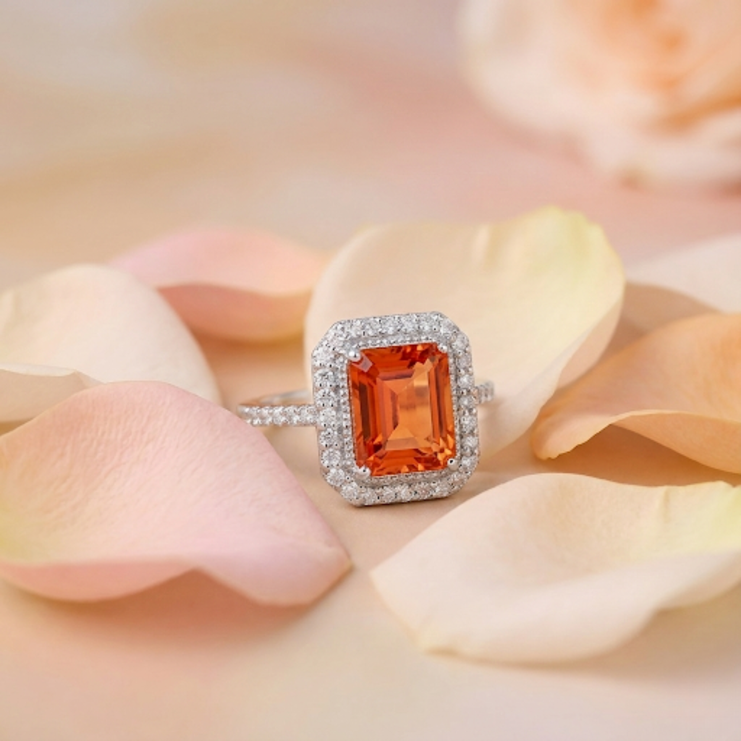 3.56 Ct Octagon Lab Created Peach Sapphire and Moissanite Prong Silver Halo Statement Ring