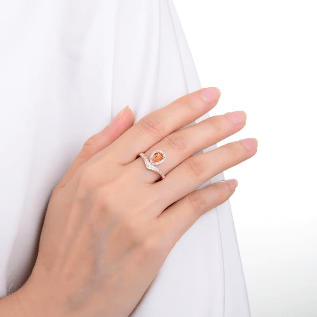 1.08 Ct Pear Lab Created Peach Sapphire and Moissanite Prong Silver Crown Ring