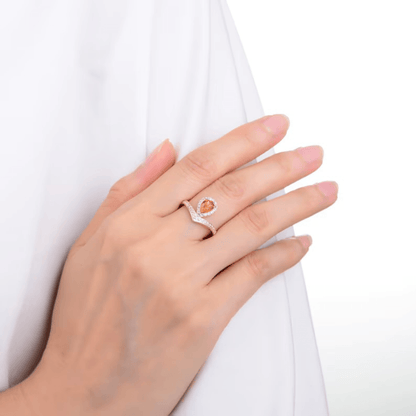 1.08 Ct Pear Lab Created Peach Sapphire and Moissanite Prong Silver Crown Ring