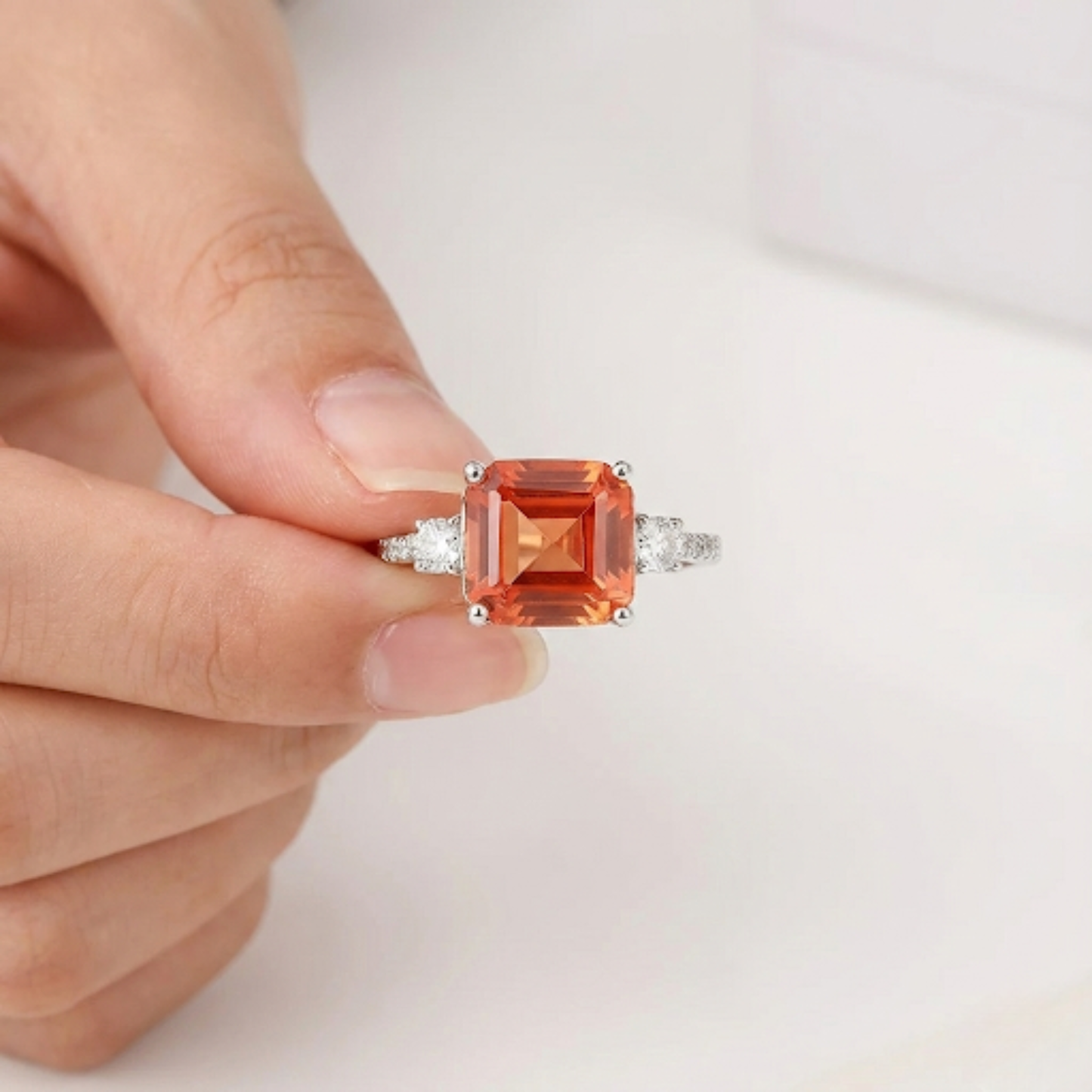 3.71 Ct Square Lab Created Peach Sapphire and Moissanite Prong Silver Three Stone Ring