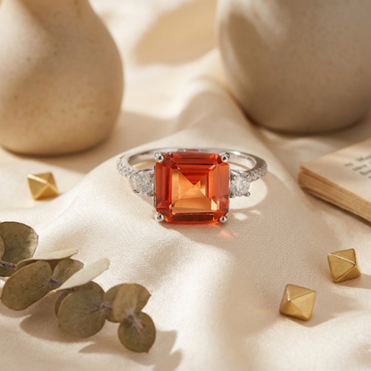 3.71 Ct Square Lab Created Peach Sapphire and Moissanite Prong Silver Three Stone Ring