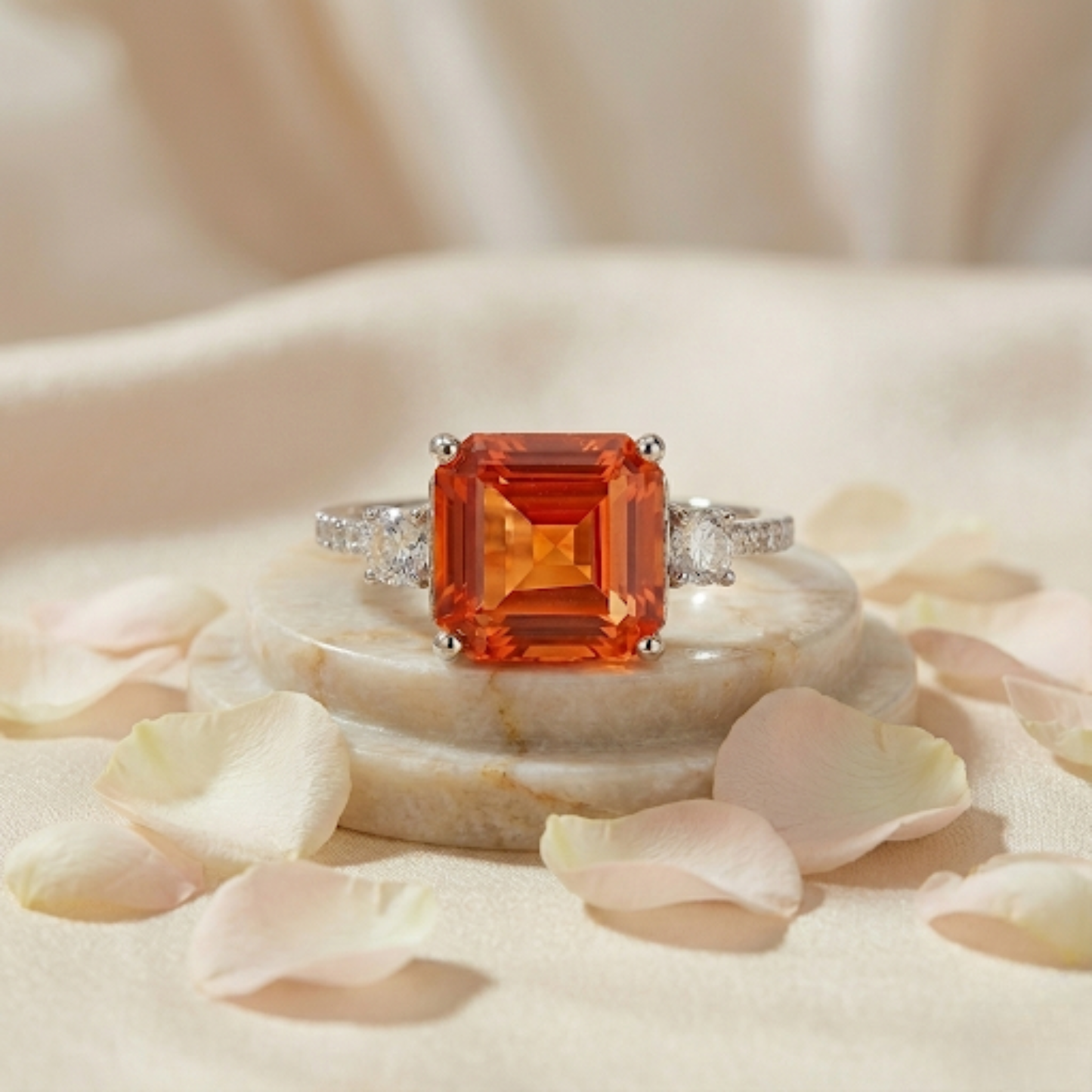 3.71 Ct Square Lab Created Peach Sapphire and Moissanite Prong Silver Three Stone Ring