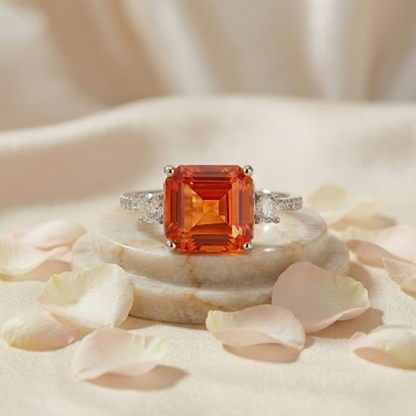 3.71 Ct Square Lab Created Peach Sapphire and Moissanite Prong Silver Three Stone Ring
